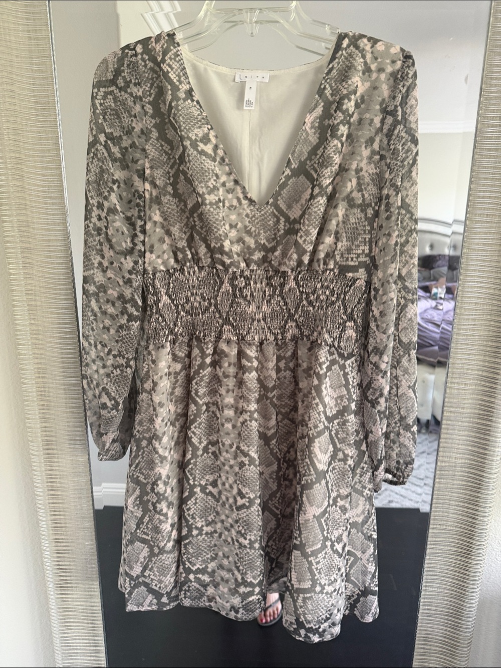 Leith Neutral Snake Print Long Sleeve Smocked Waist Dress